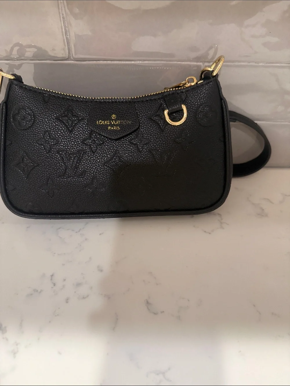 Louis Vuitton Black Embossed Monogram Mini Shoulder Bag with Gold Hardware